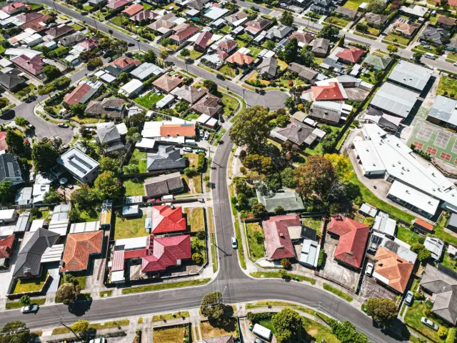 Aerial view of a suburban area in Australia with varied housing