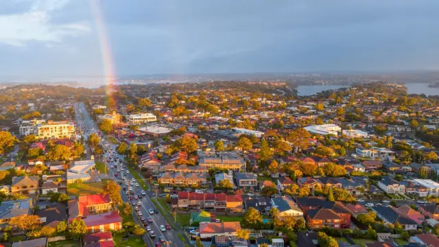 Aerial view of suburban Sydney with residential homes