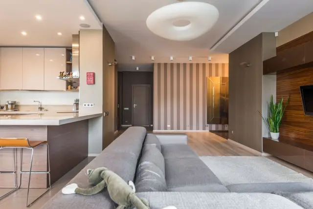 Spacious modern living room with integrated home technology